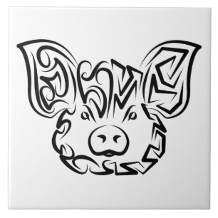 Black and White Tribal Pig Ceramic Tile