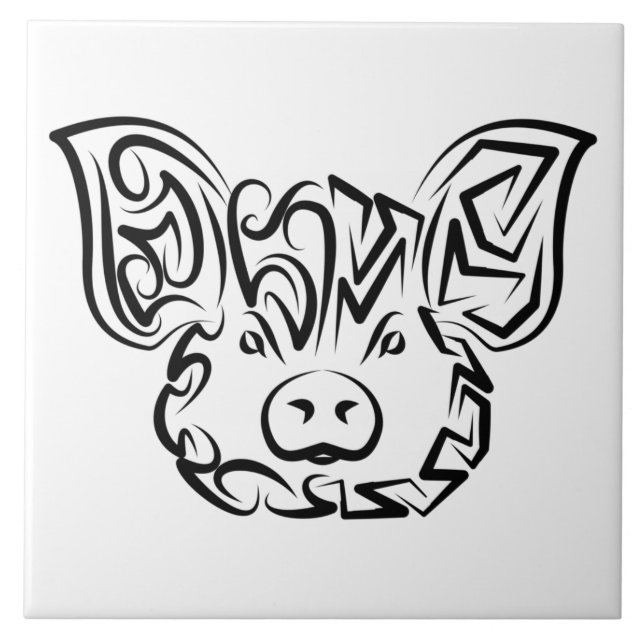 Black and White Tribal Pig Ceramic Tile (Front)