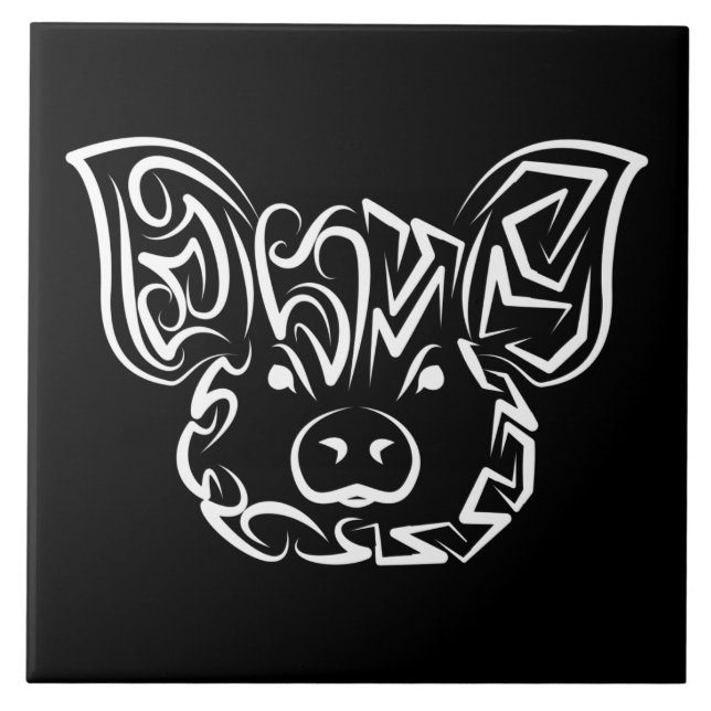 Black and White Tribal Pig Ceramic Tile (Front)
