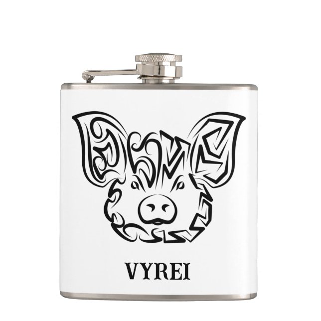 Black and White Tribal Pig Hip Flask (Front)