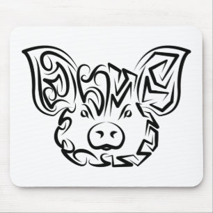 Black and White Tribal Pig Mouse Pad