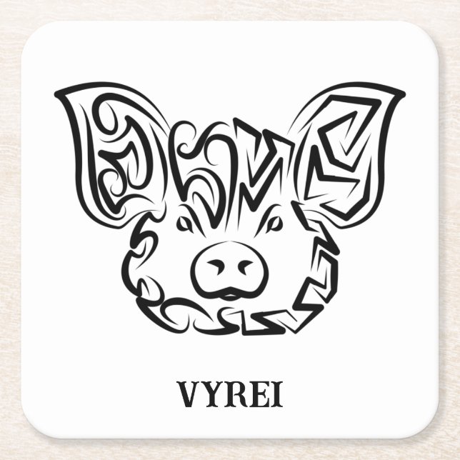 Black and White Tribal Pig Square Paper Coaster (Front)