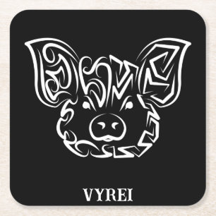 Black and White Tribal Pig Square Paper Coaster