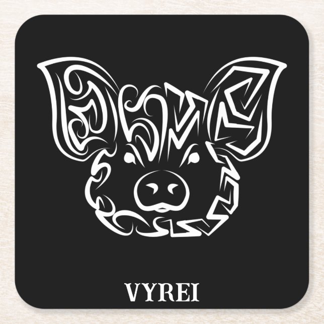Black and White Tribal Pig Square Paper Coaster (Front)