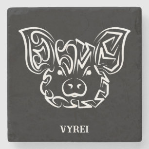 Black and White Tribal Pig Stone Coaster