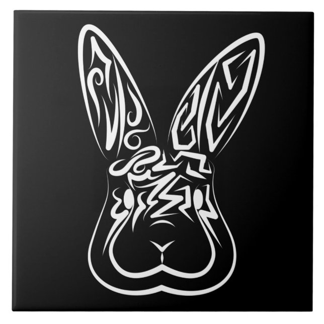 Black and White Tribal Rabbit Ceramic Tile (Front)