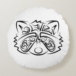 Black and White Tribal Racoon Round Cushion