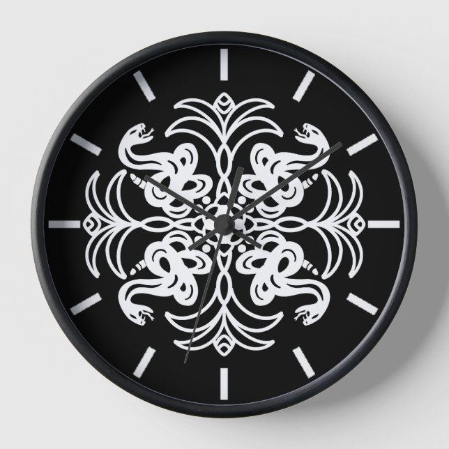 Black and White Tribal Rattlesnake Mandala Clock (Front)