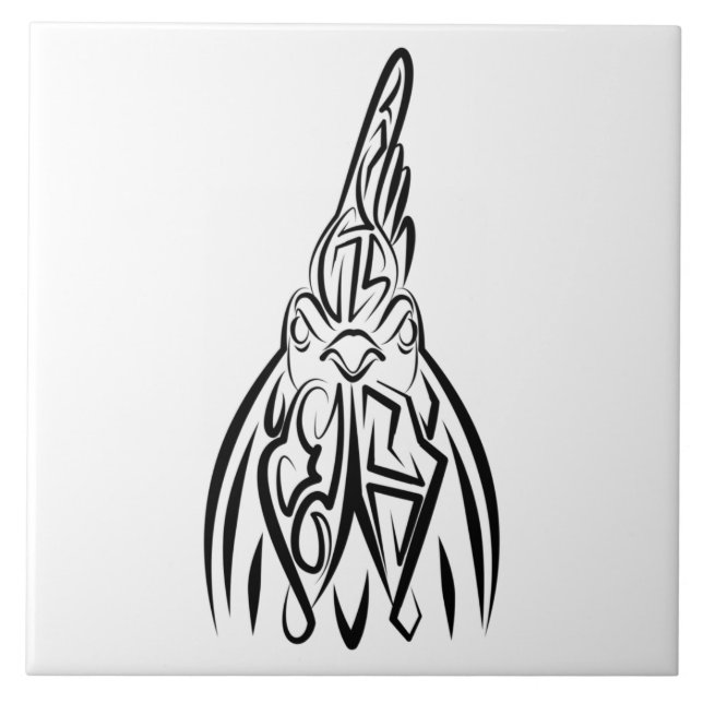 Black and White Tribal Rooster Ceramic Tile (Front)