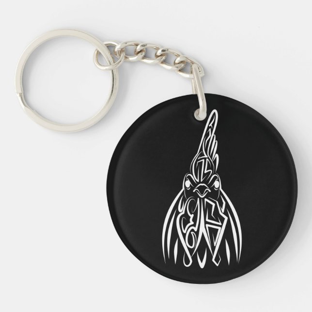 Black and White Tribal Rooster Key Ring (Front)