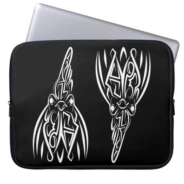 Black and White Tribal Rooster Laptop Sleeve (Front)
