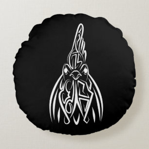 Black and White Tribal Rooster Round Cushion