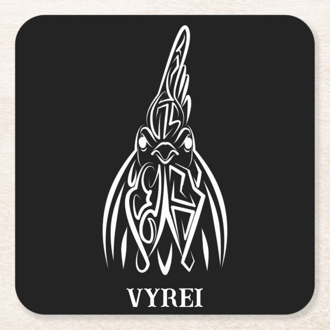 Black and White Tribal Rooster Square Paper Coaster (Front)
