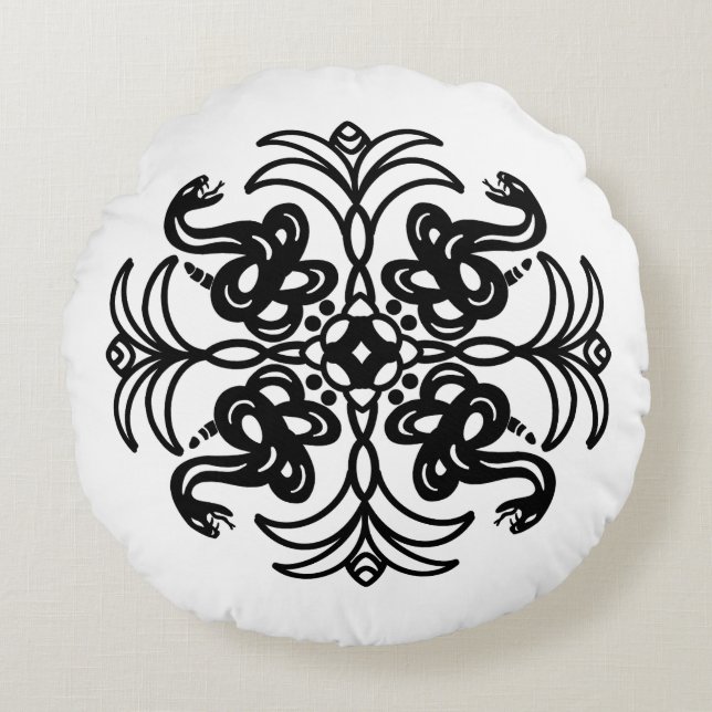 Black and White Tribal Snake Mandala Round Cushion (Front)