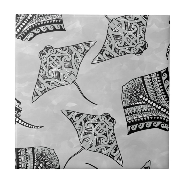 Black and White Tribal Stingrays Ceramic Tile (Front)