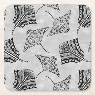 Black and White Tribal Stingrays Square Paper Coaster