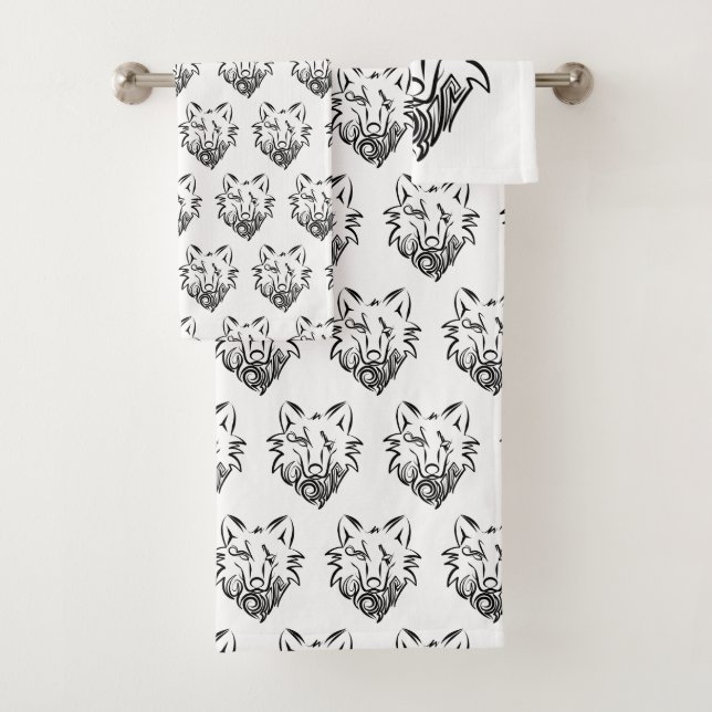 Black and White Tribal Wolf Bath Towel Set (Insitu)