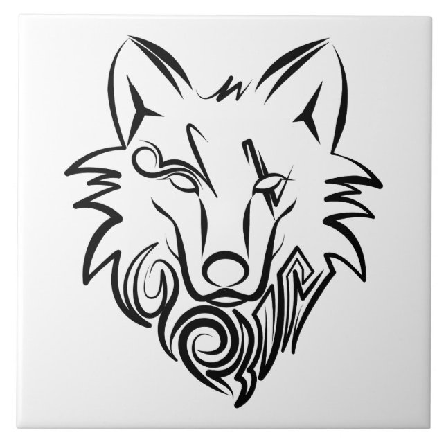 Black and White Tribal Wolf Ceramic Tile (Front)