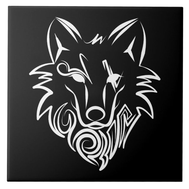 Black and White Tribal Wolf Ceramic Tile (Front)