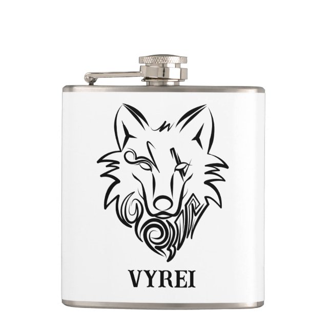 Black and White Tribal Wolf Hip Flask (Front)
