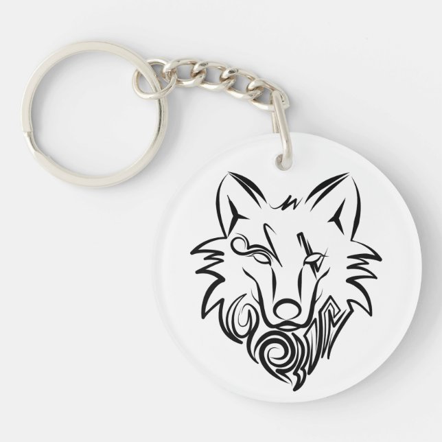 Black and White Tribal Wolf Key Ring (Front)