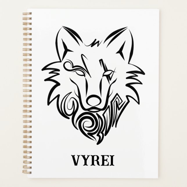 Black and White Tribal Wolf Planner (Front)