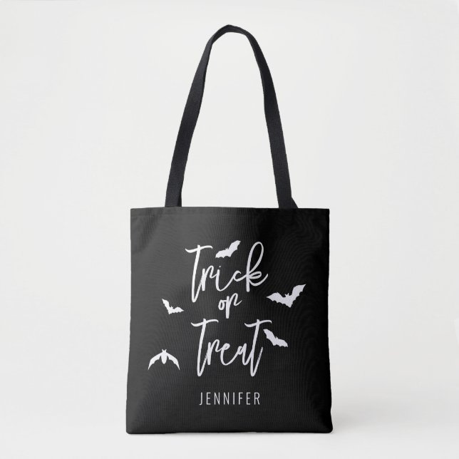 Black And White Trick Or Treat Bats Typography Tote Bag (Front)