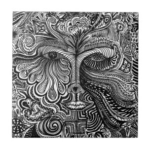 Black and White Trippy Line Portrait Ceramic Tile