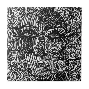 Black and White Trippy Line Portrait  Ceramic Tile