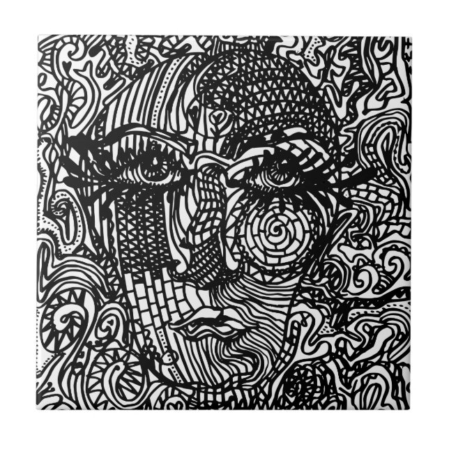 Black and White Trippy Line Portrait  Ceramic Tile (Front)