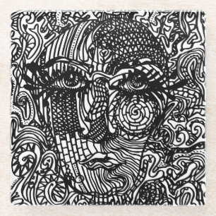 Black and White Trippy Line Portrait  Glass Coaster