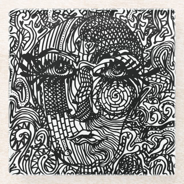 Black and White Trippy Line Portrait  Glass Coaster (Front)