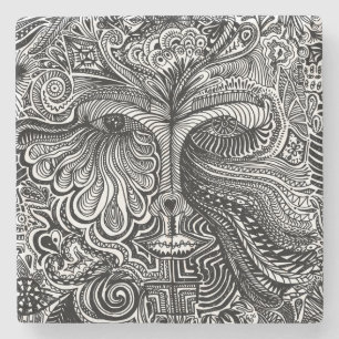 Black and White Trippy Line Portrait Stone Coaster
