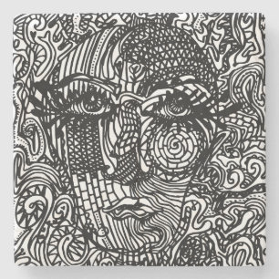 Black and White Trippy Line Portrait Stone Coaster