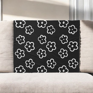 Black and White Tropical Floral Botanical Summer  Fleece Blanket