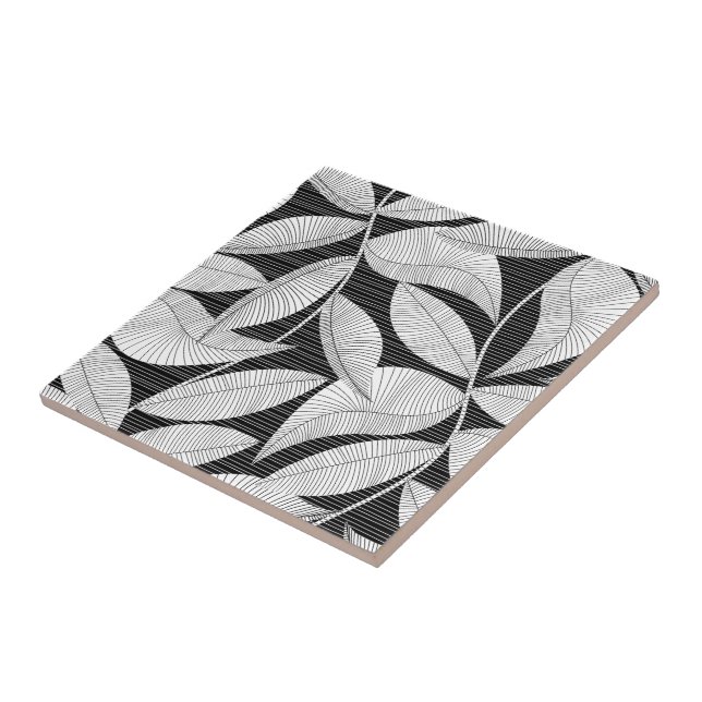 Black and white tropical leaf ceramic tile (Side)