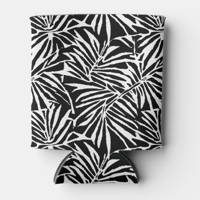 Black And White Tropical Leaf Repeating Pattern Can Cooler (Front)