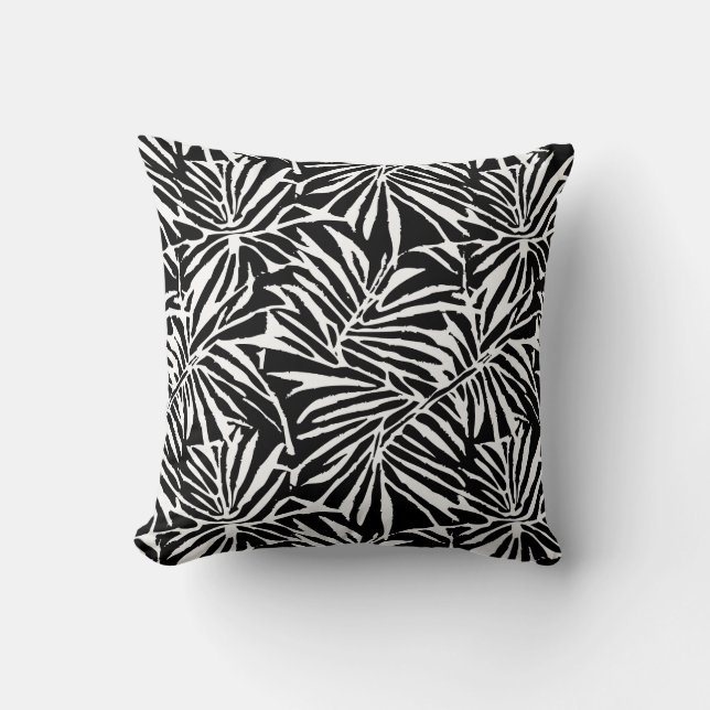 Black and White Tropical Leaf Repeating Pattern Cushion (Front)