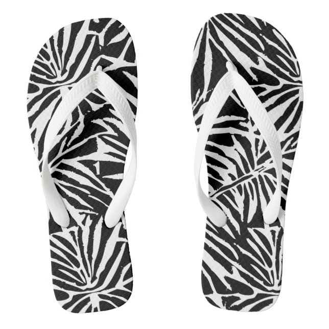 Black And White Tropical Leaf Repeating Pattern Thongs (Footbed)