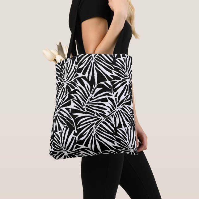 Black And White Tropical Leaf Repeating Pattern Tote Bag (Close Up)