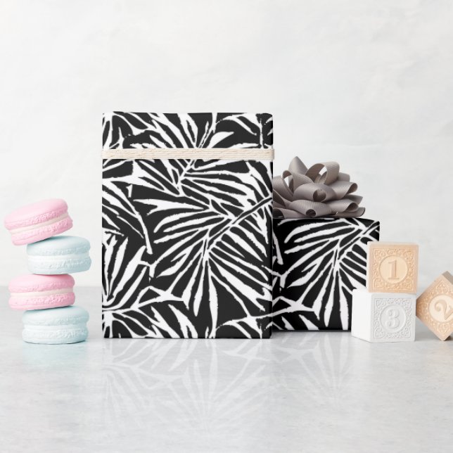 Black And White Tropical Leaf Repeating Pattern Wrapping Paper (Baby Shower)