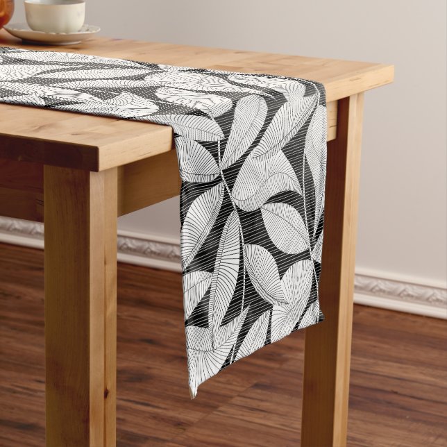Black and white tropical leaf short table runner (In Situ)