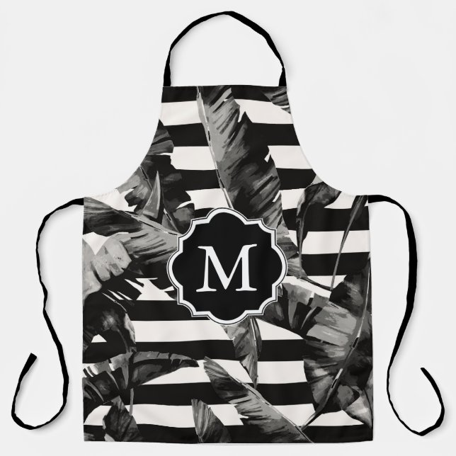Black and White Tropical Leaves Apron (Front)