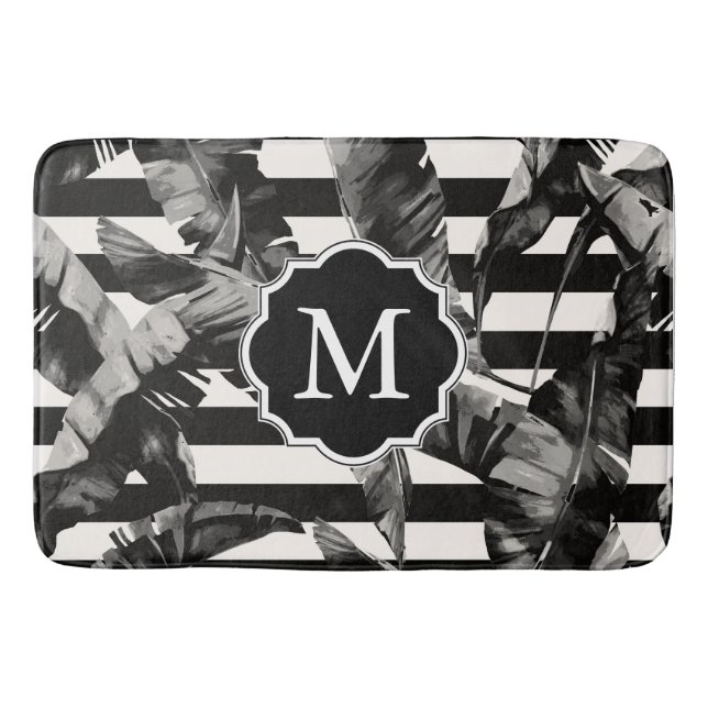Black and White Tropical Leaves Bath Mat (Front)