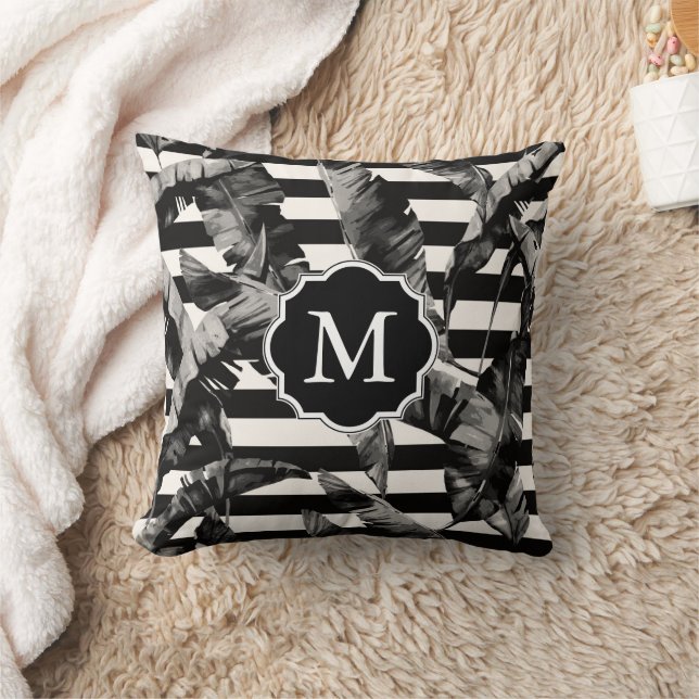 Black and White Tropical Leaves Cushion (Blanket)