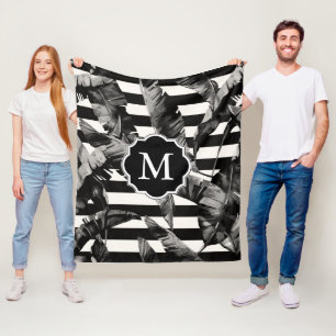 Black and White Tropical Leaves Fleece Blanket