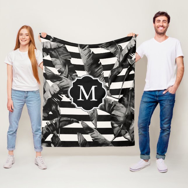 Black and White Tropical Leaves Fleece Blanket (In Situ)