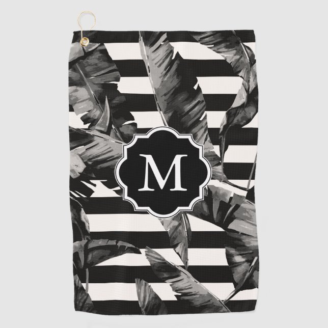 Black and White Tropical Leaves Golf Towel (Front)