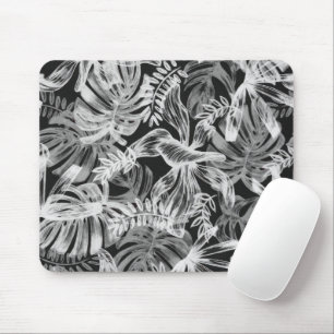 Black and White Tropical Leaves Mouse Pad