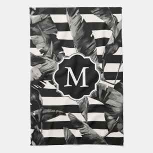 Black and White Tropical Leaves Tea Towel